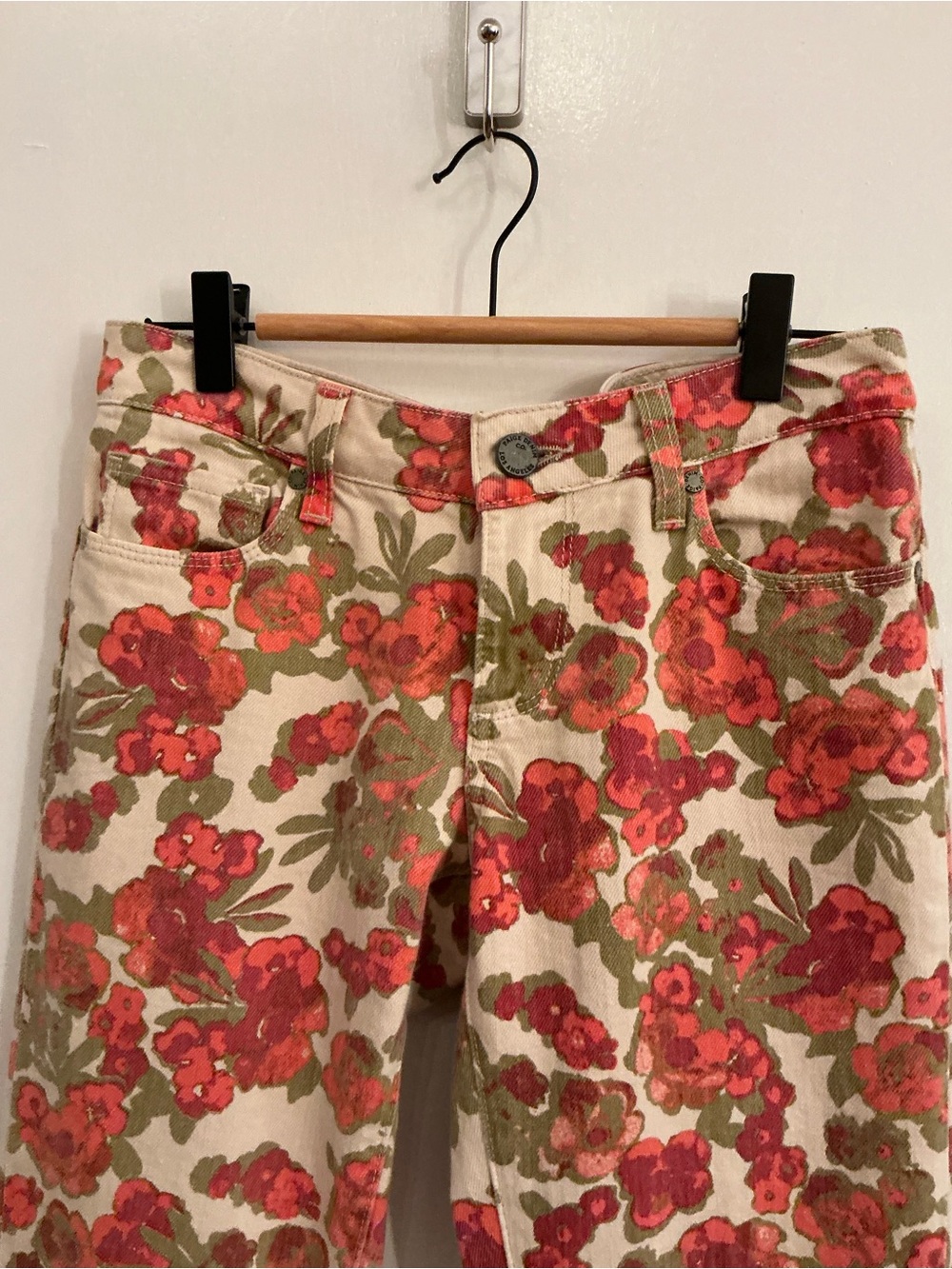 PAIGE High-Rise Floral Jeans in Red and Green on Cream